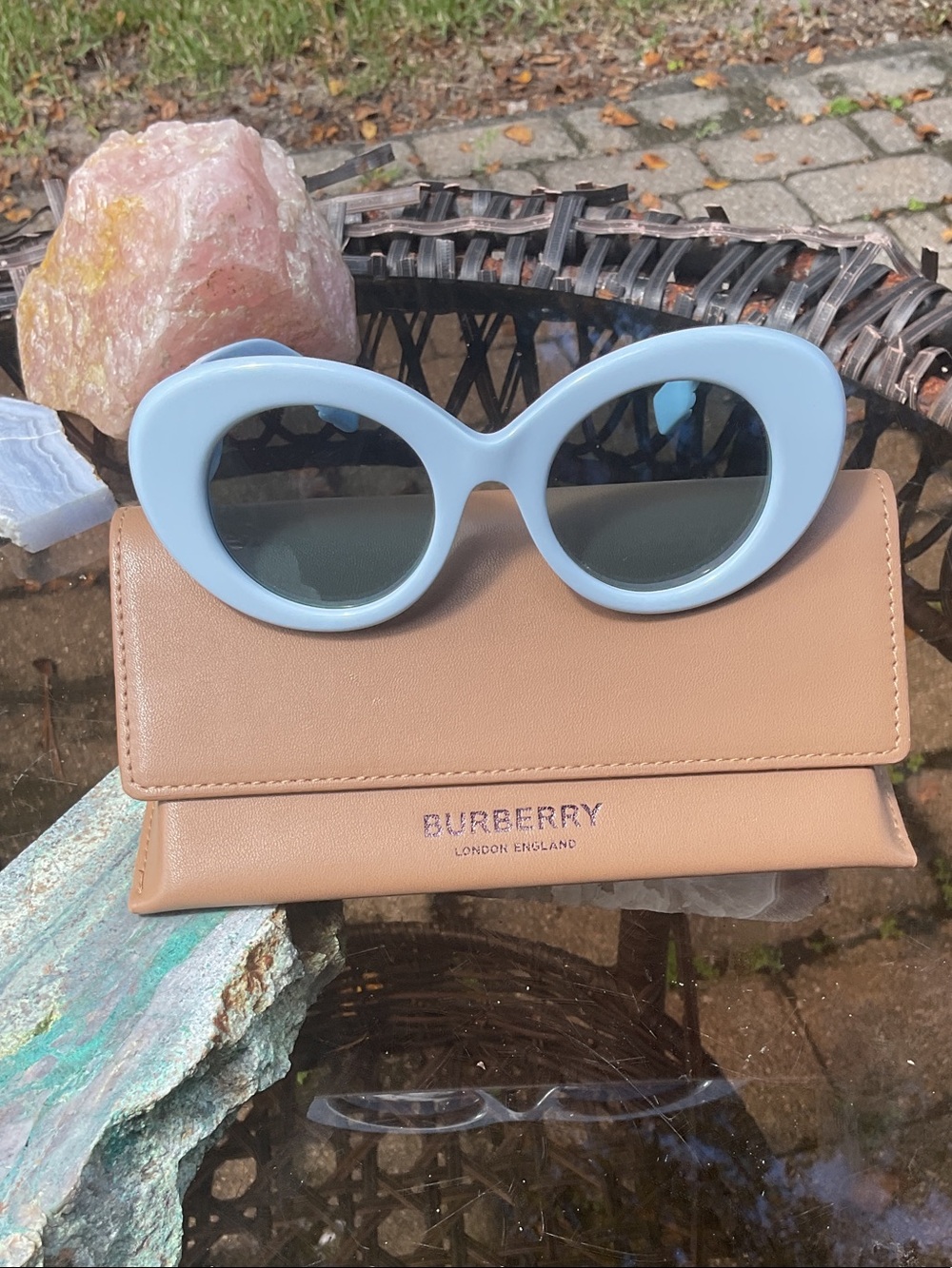 Burberry Margot Azure Blue Oval Sunglasses with Brown Case
